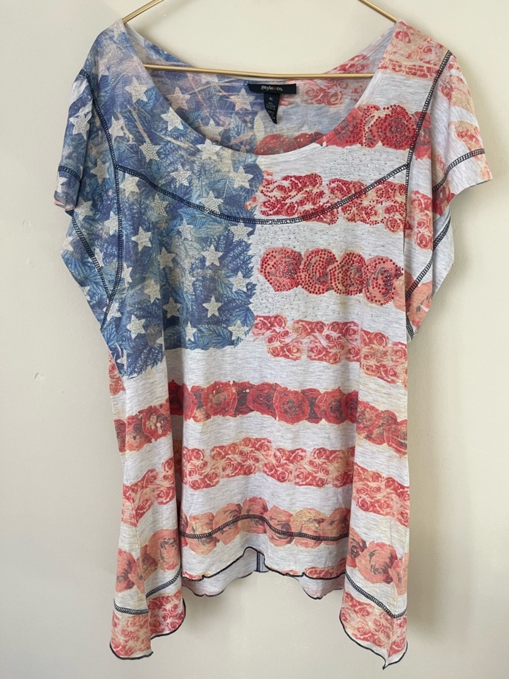 Style & Co. Patriotic Fairycore Floral Flag Print tee size XL